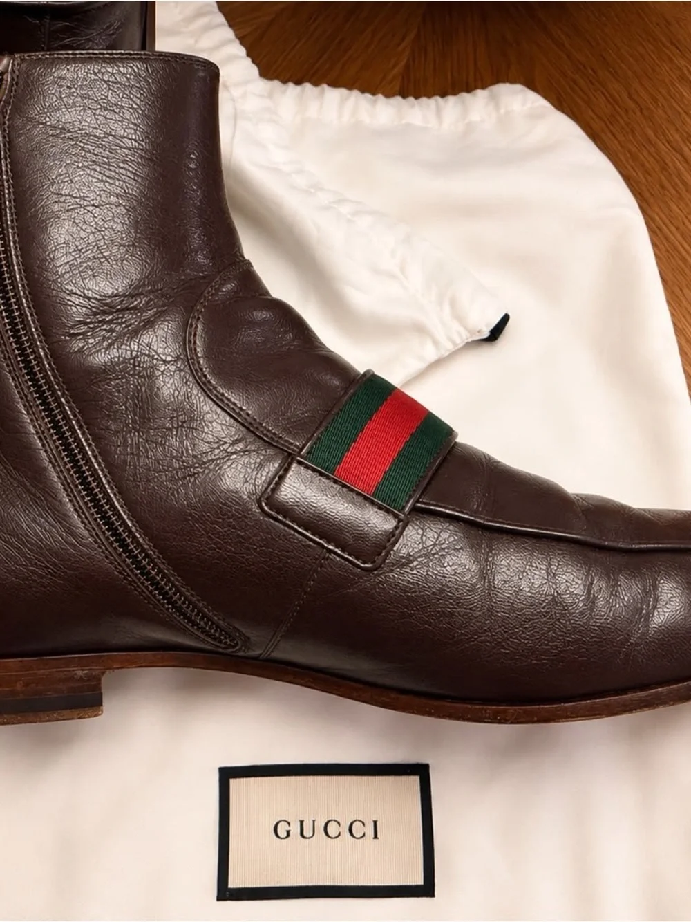 Gucci Brown Leather Men’s Ankle Chukka Boots with Green-Red Web & Gold Double G.